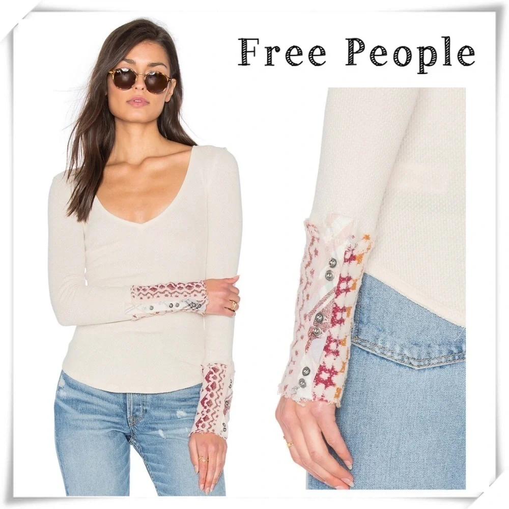 FREE People We the Free Art school cuff V-Neck Thermal Shirt Cream Sz M